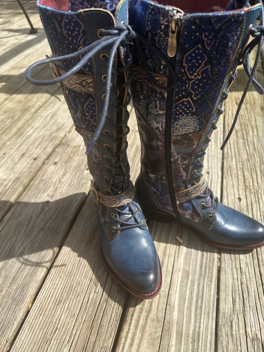 Blue Embroidered Lace-Up Mid-Calf Boots